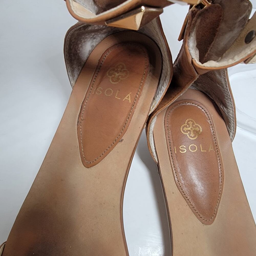 Isola Sandal 7.5 Ankle Strap Flat Gold Stud Spike Grommet Brown Zip - Picture 5 of 7